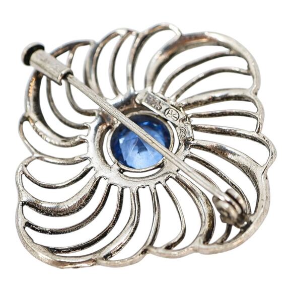 Vintage-Style Sterling Silver 925 Marcasite Flower Brooch - Blue Center, 1.5” - Picture 6 of 9